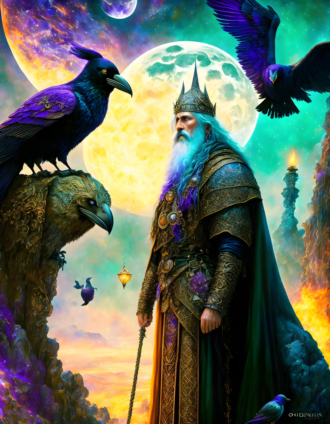 Bearded wizard in regal robes with staff, surrounded by ravens and eagle in vibrant celestial sky