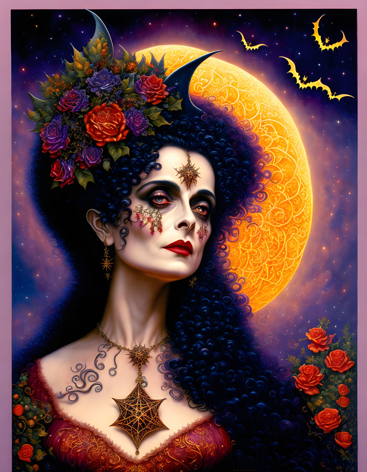 Gothic celestial portrait of woman with roses, moon, and bats