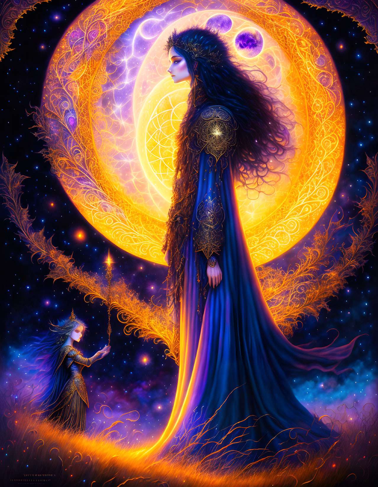 Ethereal figures in cosmic scene with glowing moon