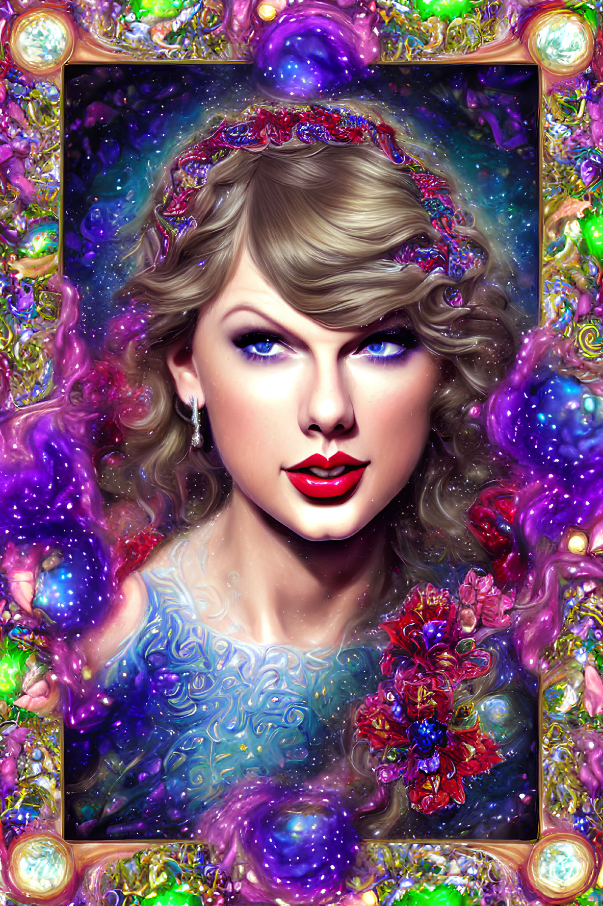 Colorful digital portrait of a woman with wavy hair and red lipstick in cosmic setting