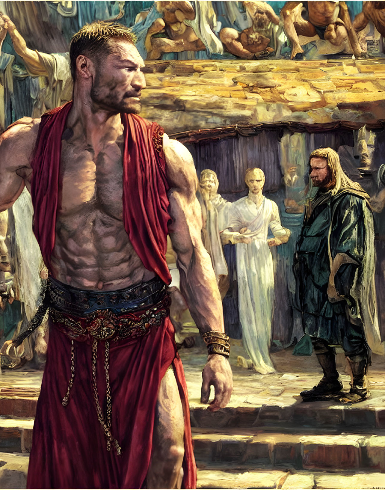 Muscular man in ancient warrior attire with group in background