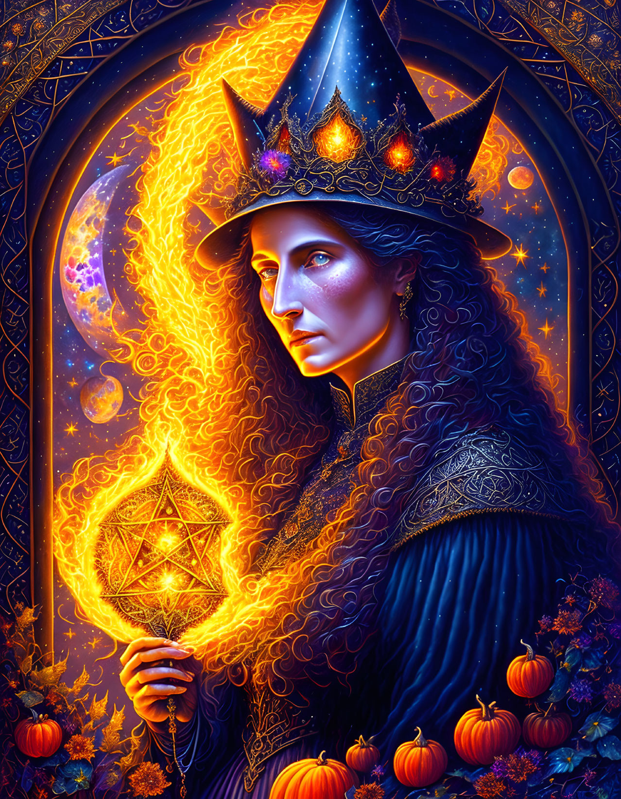 Mystical figure in crown and robes with star wand and pumpkins, framed by ornate patterns