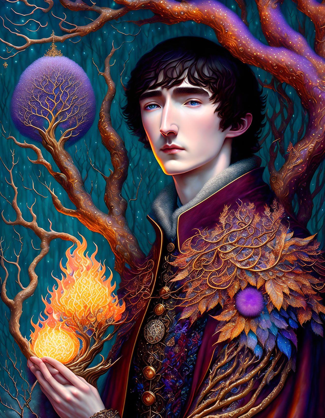 Illustrated portrait of person with pale skin, dark hair, holding fiery orb and glowing sphere, surrounded