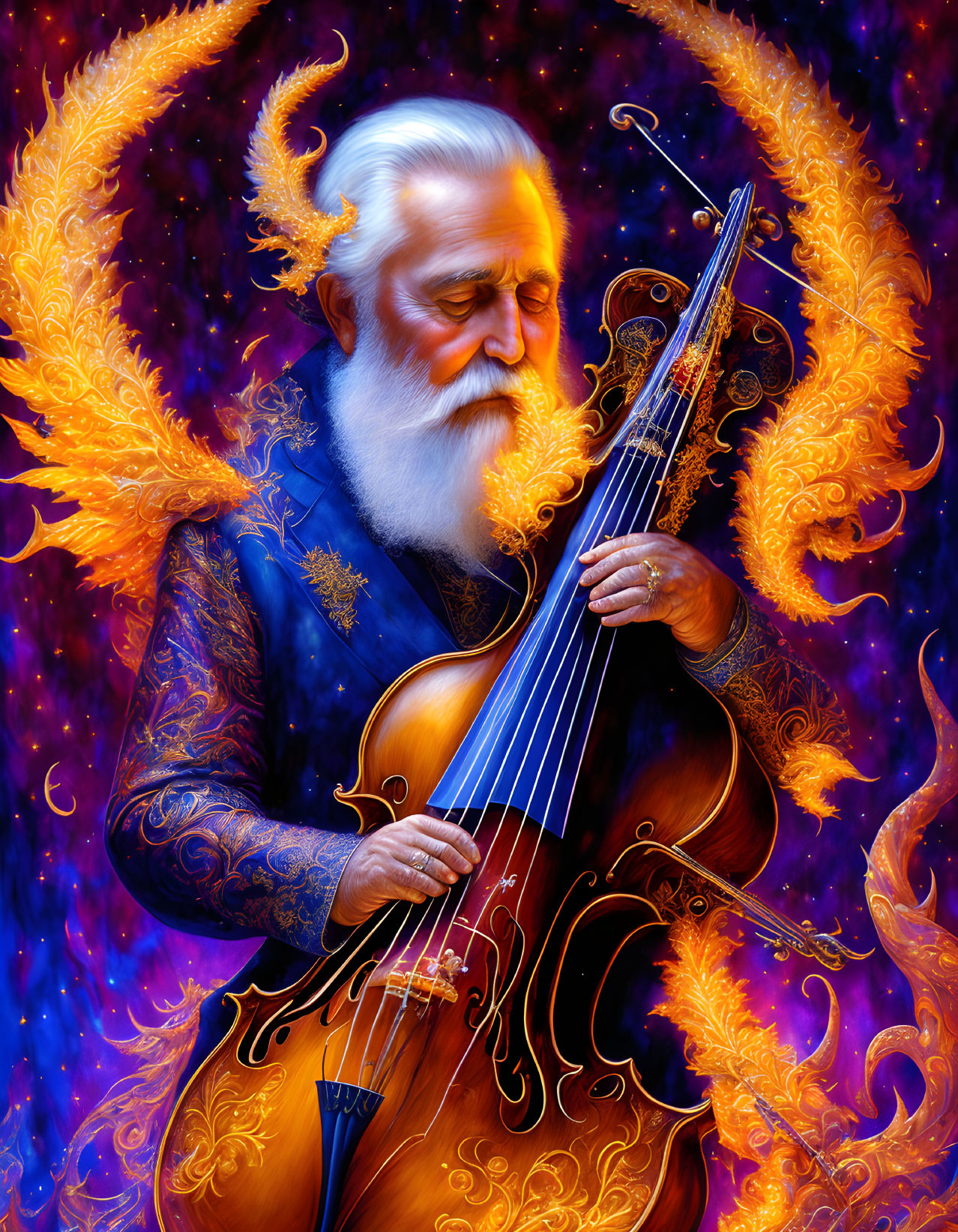 Elderly man playing cello in mystical cosmic scene