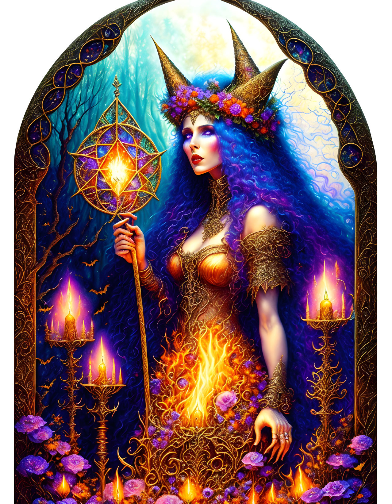 Fantasy illustration of woman with blue hair and horns holding scepter in fiery setting