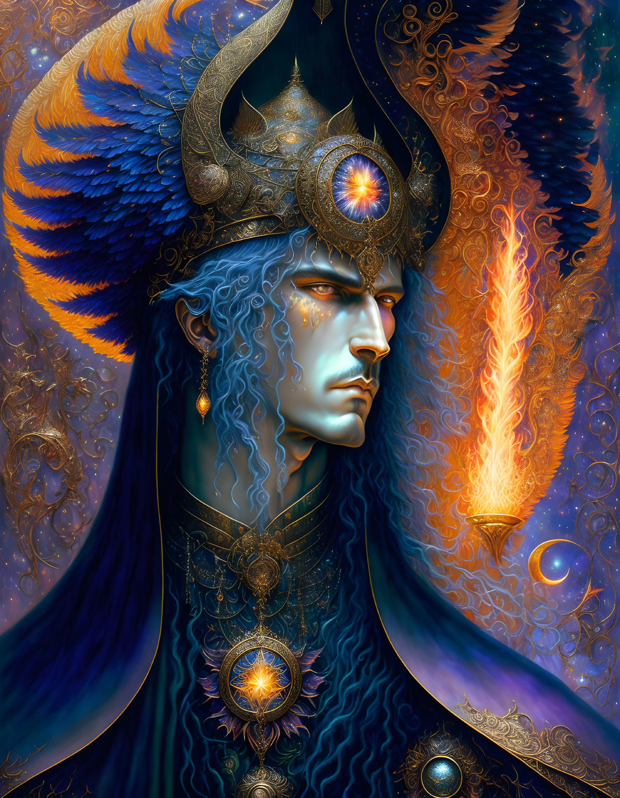 Blue-skinned figure with horns and torch in cosmic background