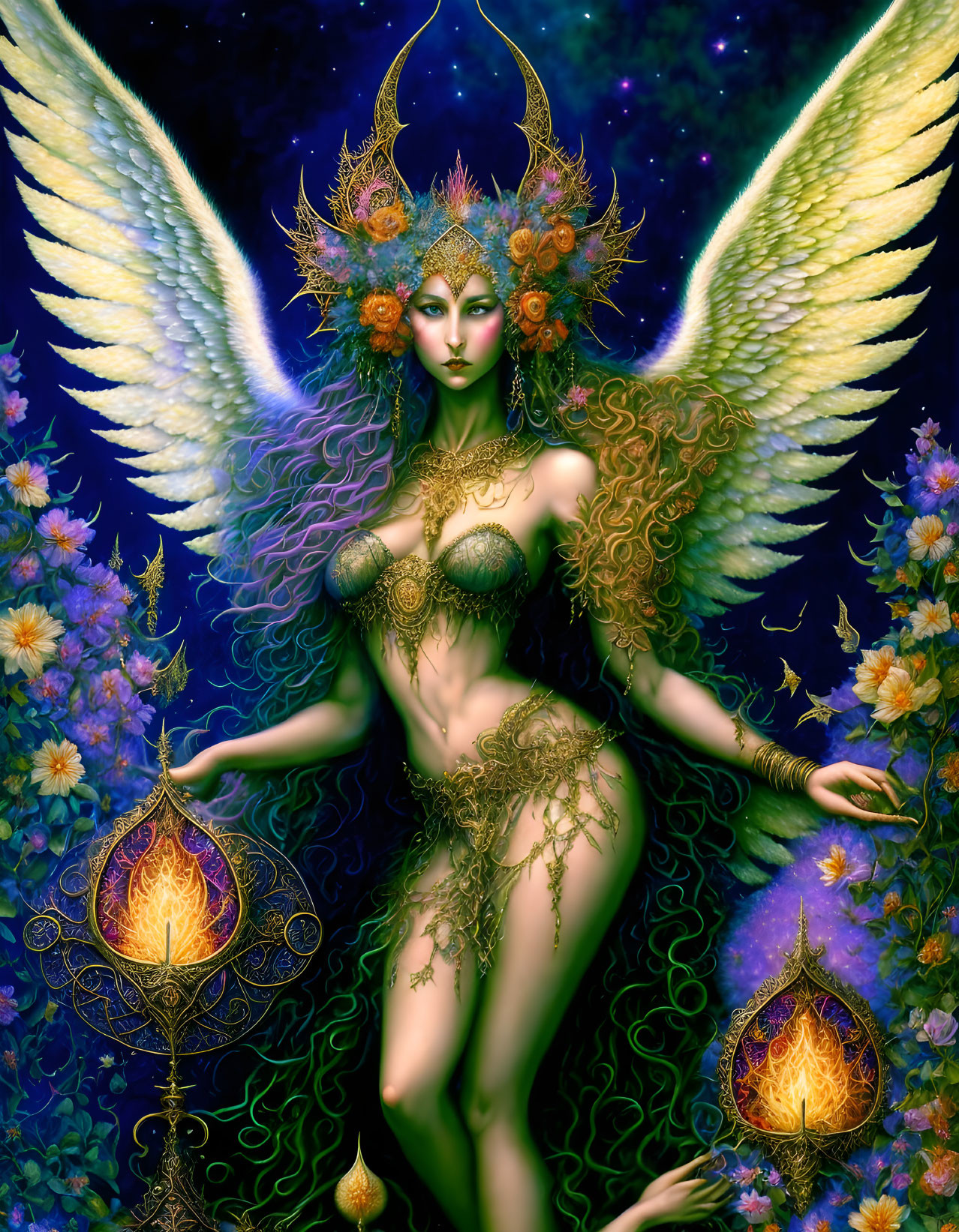 Fantastical female figure with ornate wings and glowing lanterns surrounded by flowers and intricate jewelry