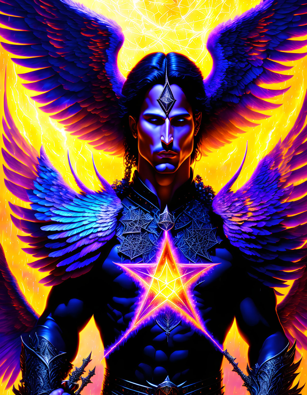 Majestic winged figure with glowing eyes in fiery geometric scene