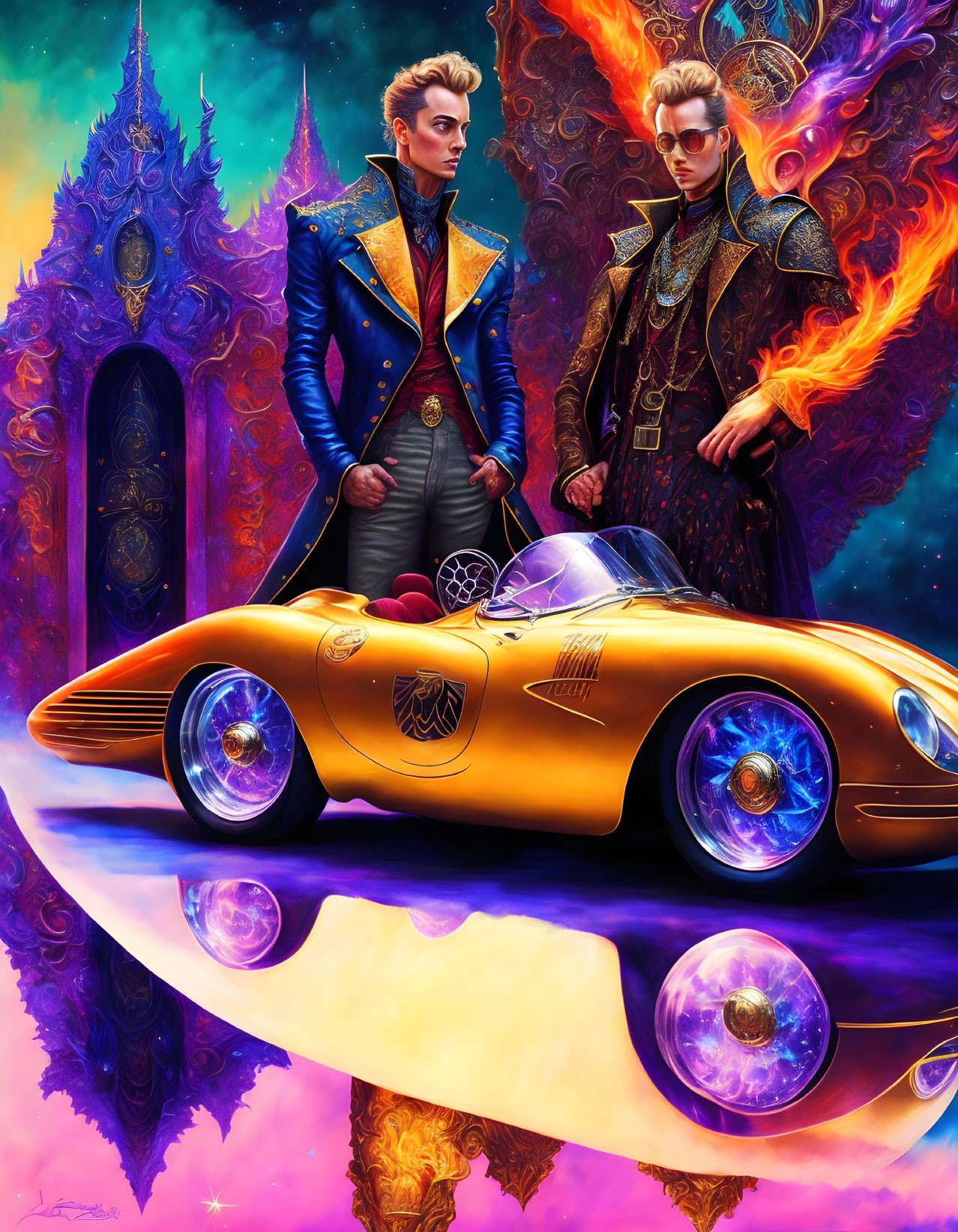 Two men in elaborate costumes next to futuristic orange car with surreal cosmic background.