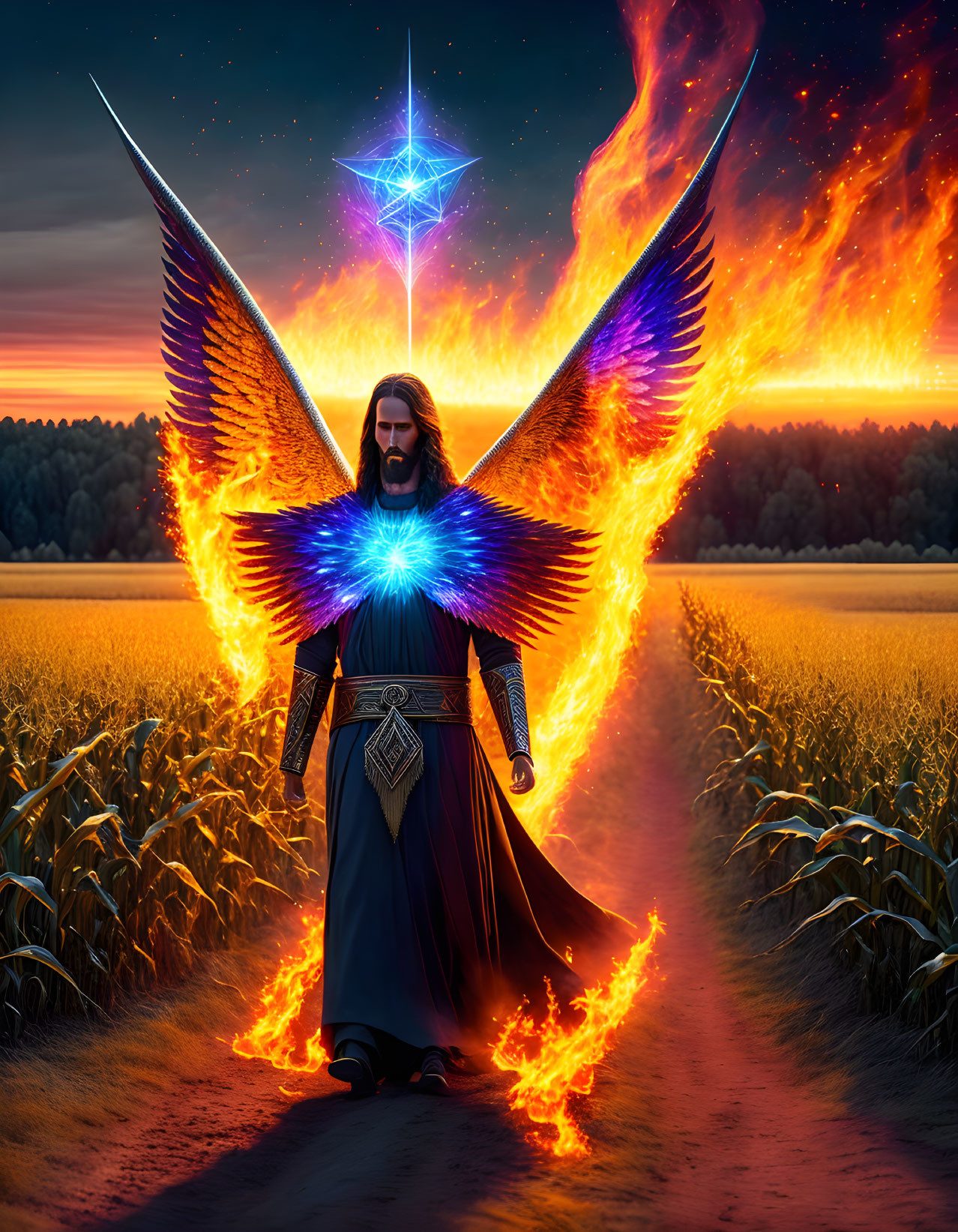 Majestic figure with fiery wings in field under glowing star