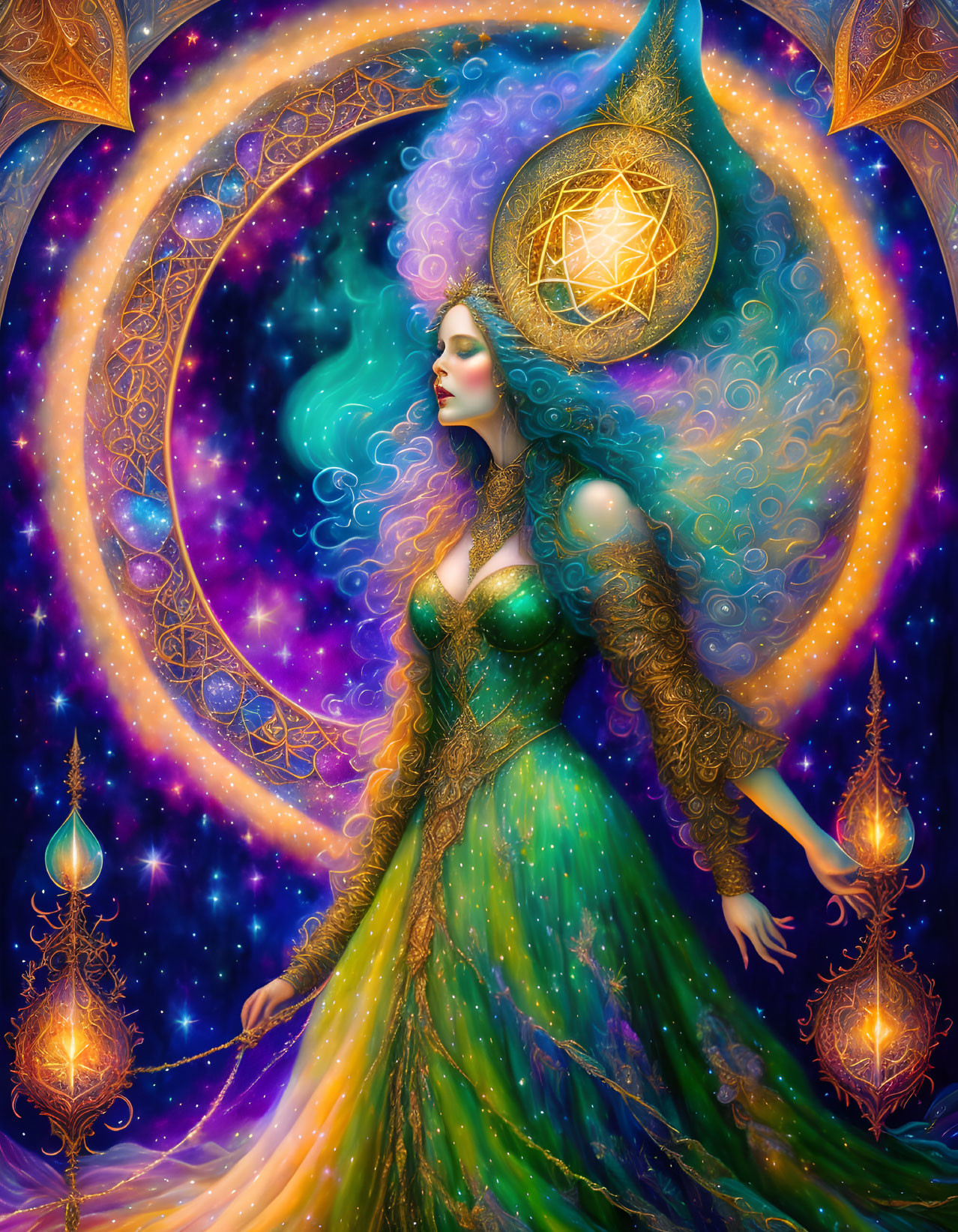 Blue-haired woman in starry green gown surrounded by cosmic symbols