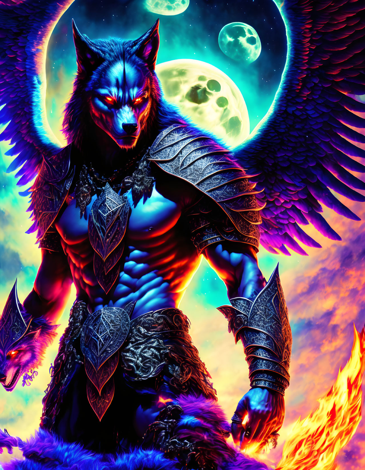 Wolf-headed warrior in ornate armor with glowing blue eyes in fiery landscape