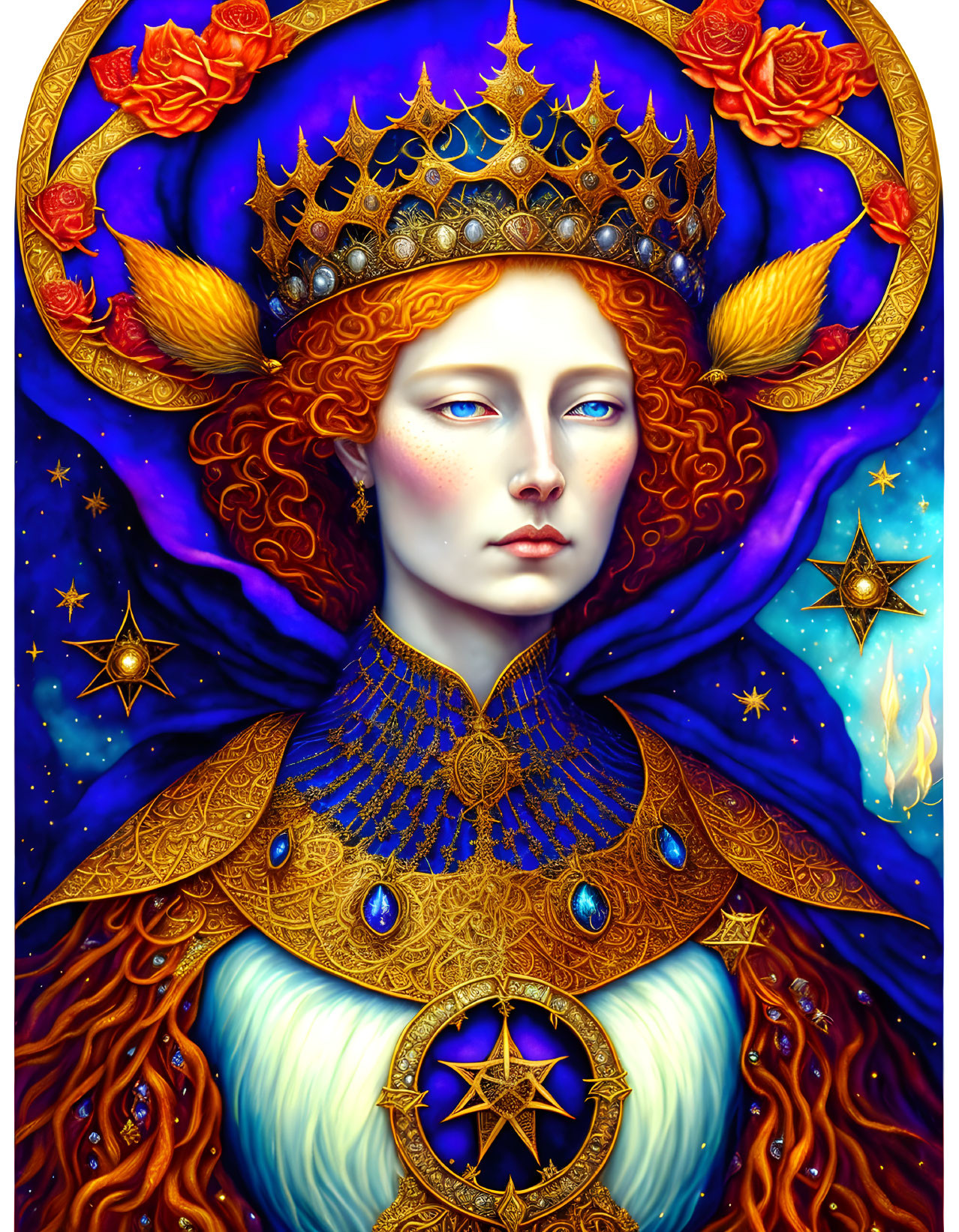 Regal Figure in Crown and Celestial Attire with Deep Blues and Oranges