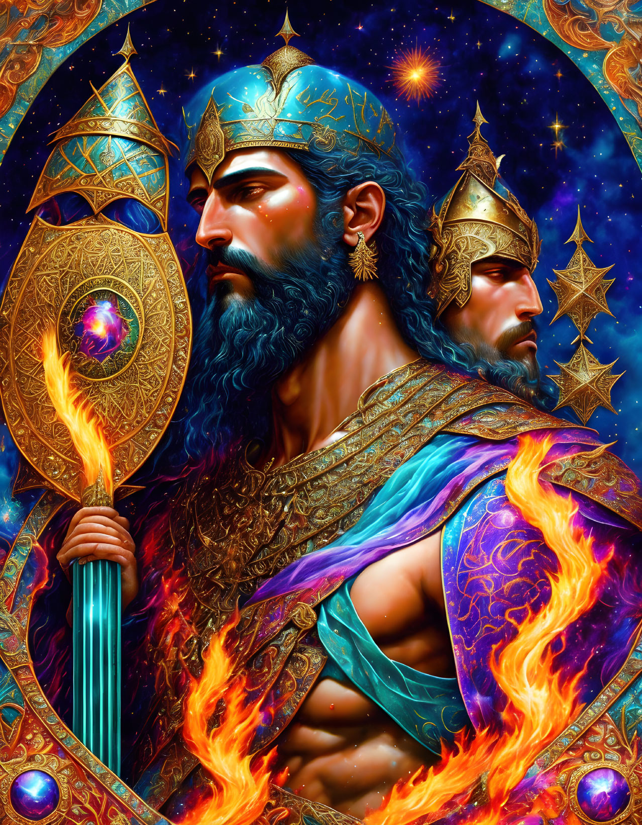 Regal warrior fantasy illustration with flaming sword and cosmic backdrop