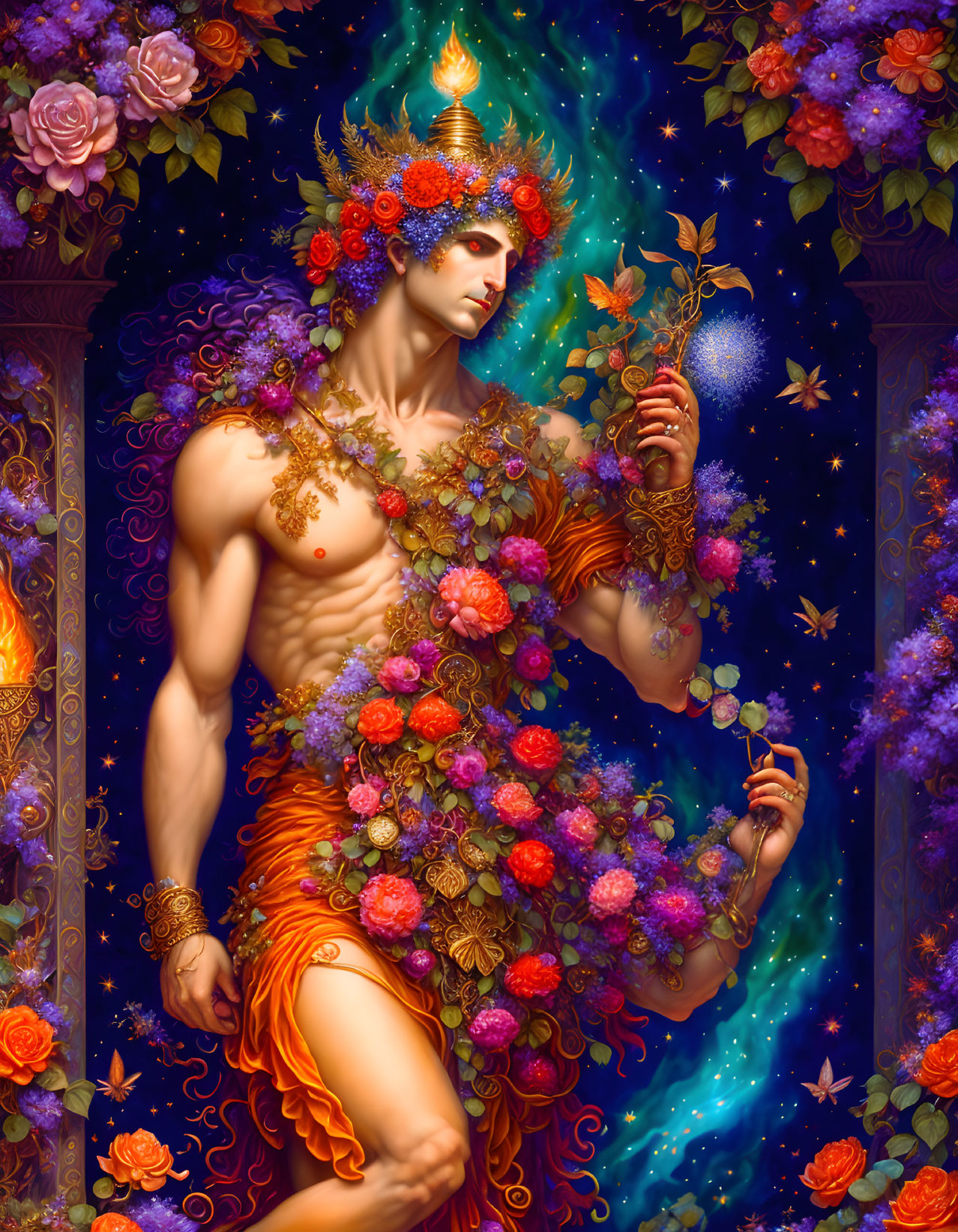 Fantastical figure with floral garland and starry orb in cosmic setting