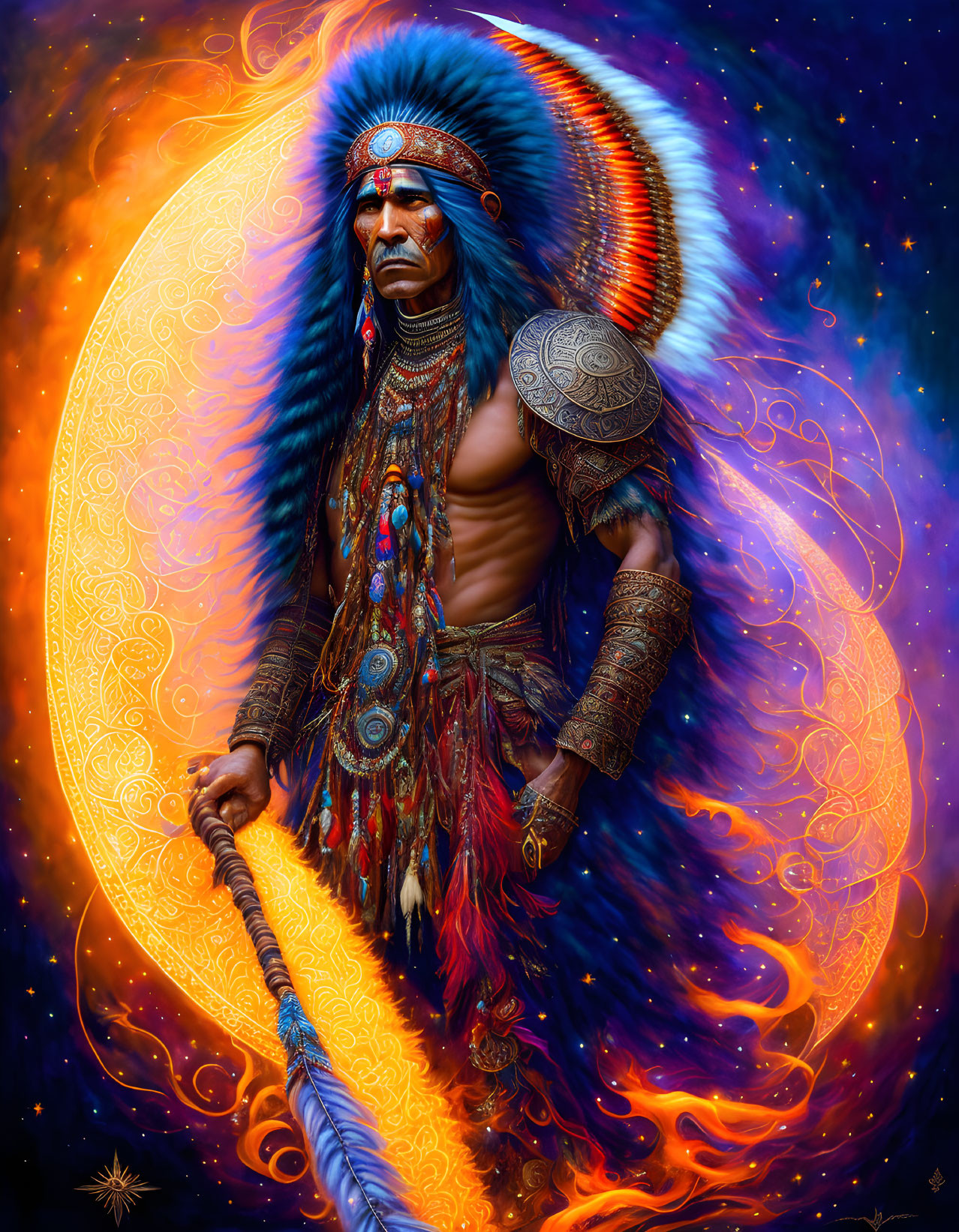 Native American chief illustration with vibrant headdress in cosmic setting