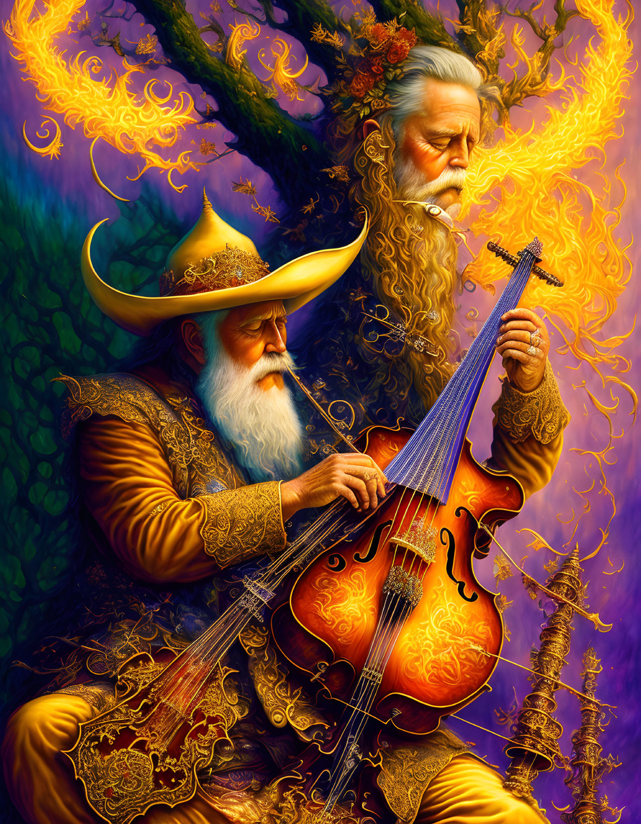 Elderly Wizards Playing Instruments in Mystical Forest