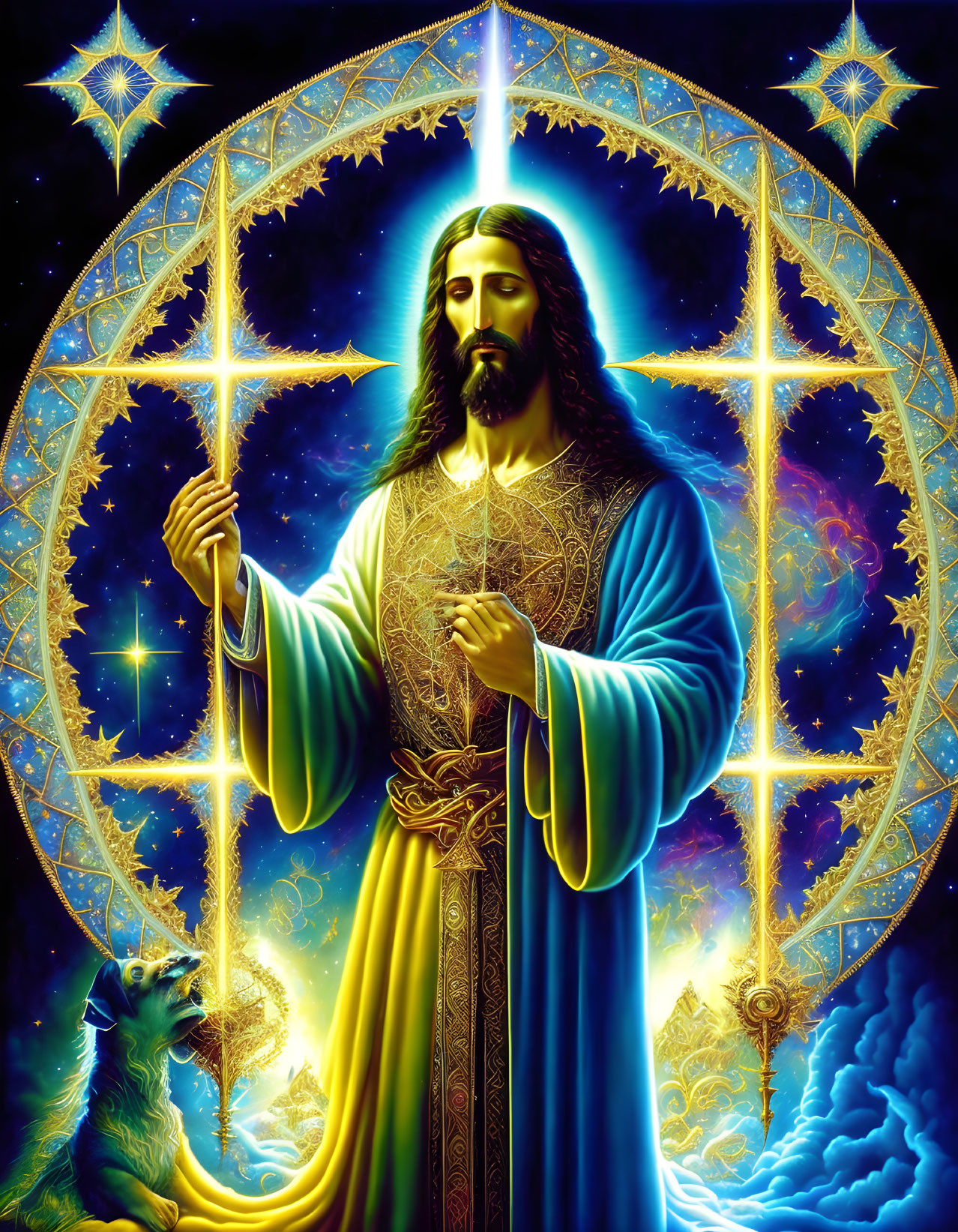 Stylized portrayal of Jesus with stars, staff, sheep, and geometric patterns