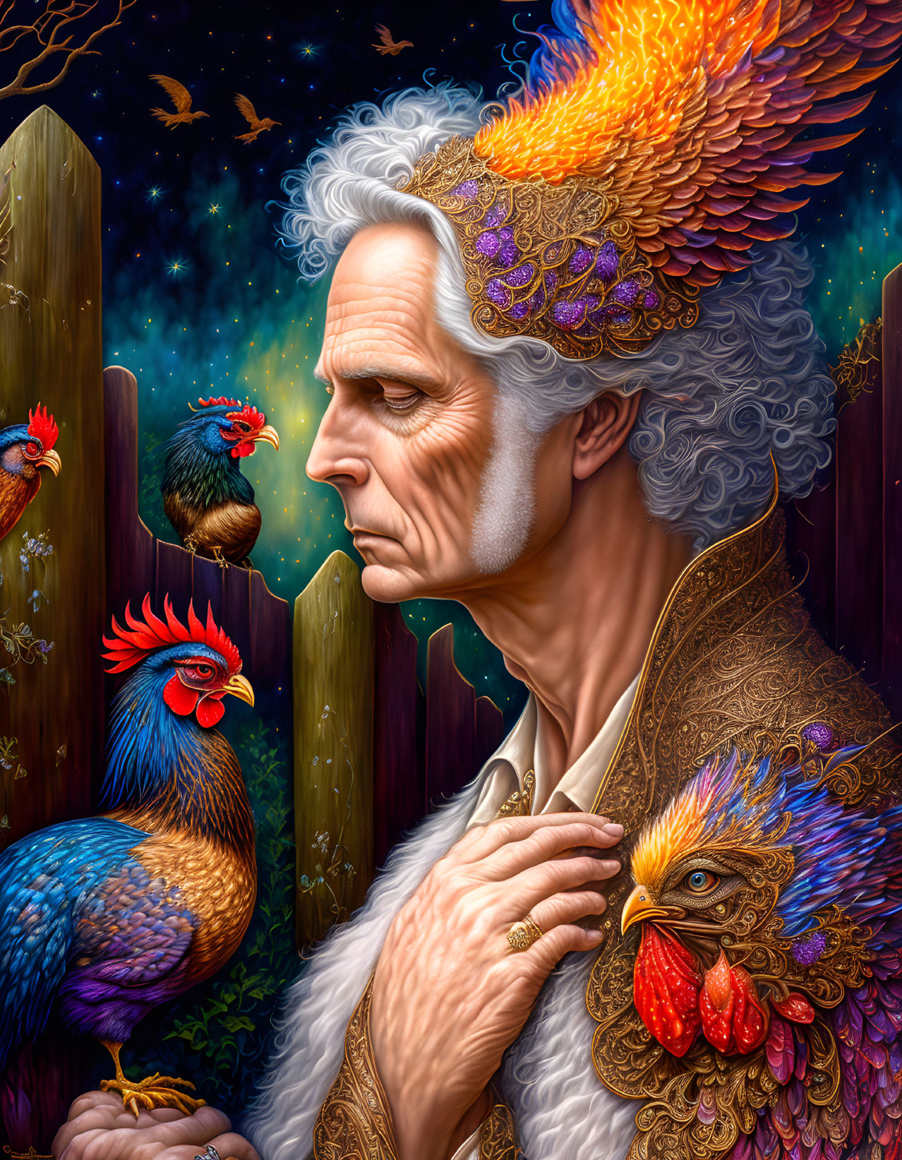 Elderly man with roosters in fiery night sky