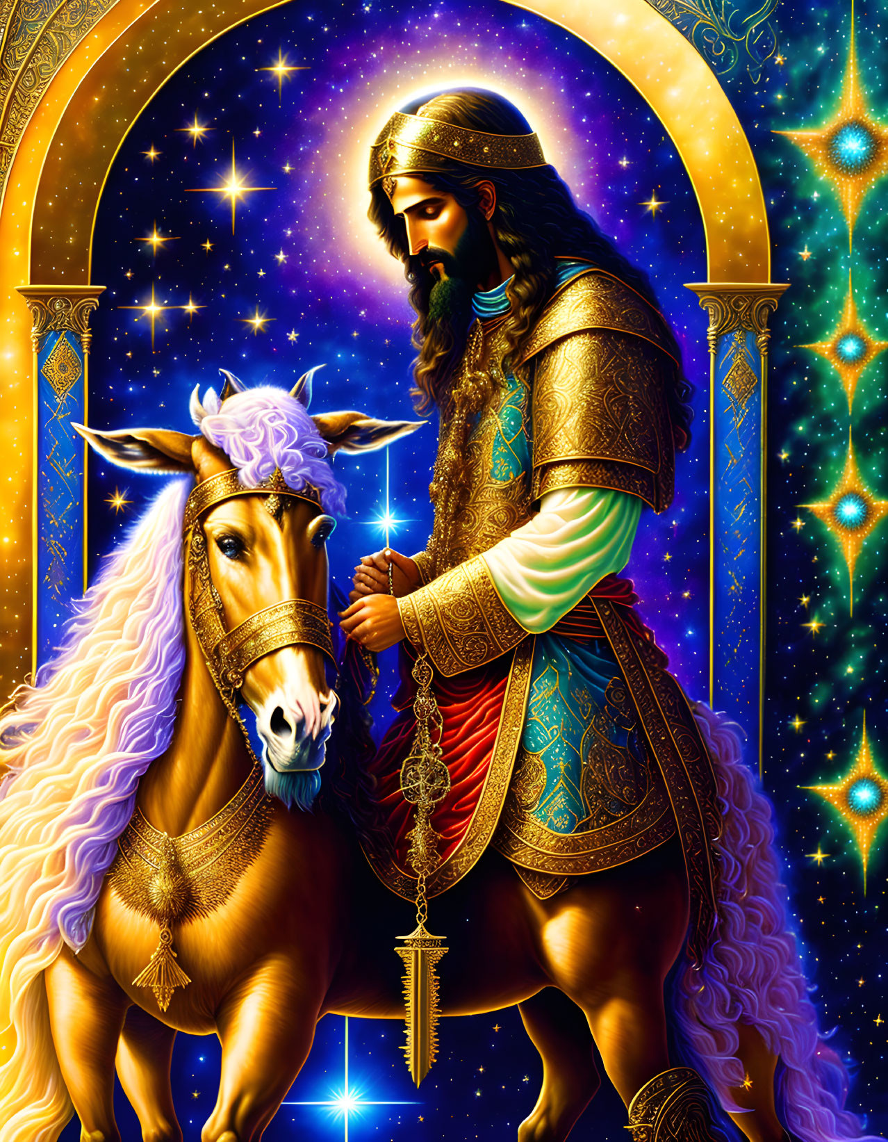 Armored figure with flowing beard and golden unicorn under star-studded archway