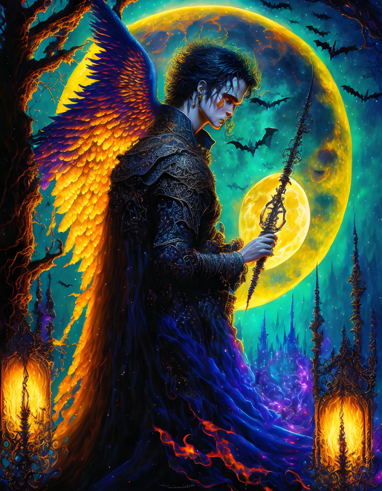 Winged fantasy character with staff in moonlit forest