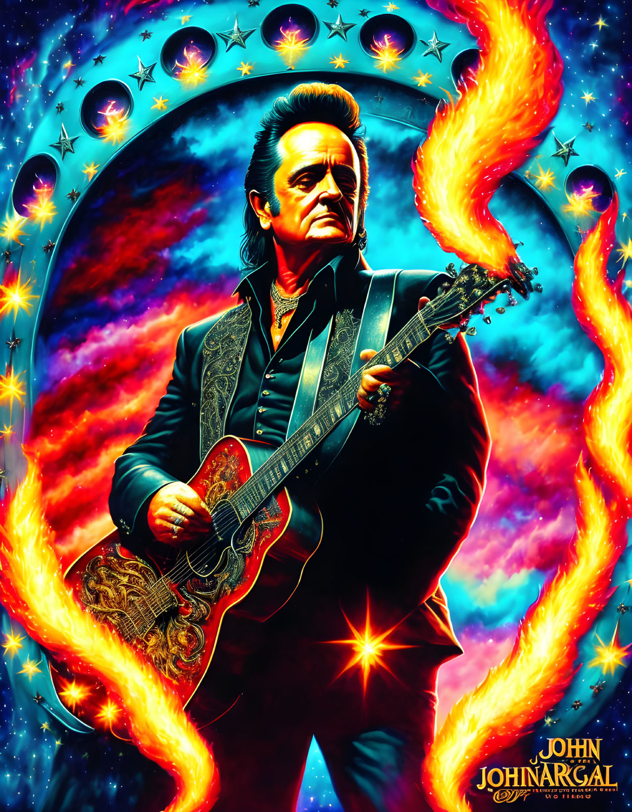 Colorful Guitarist Illustration Among Flames and Stars in Circular Frame