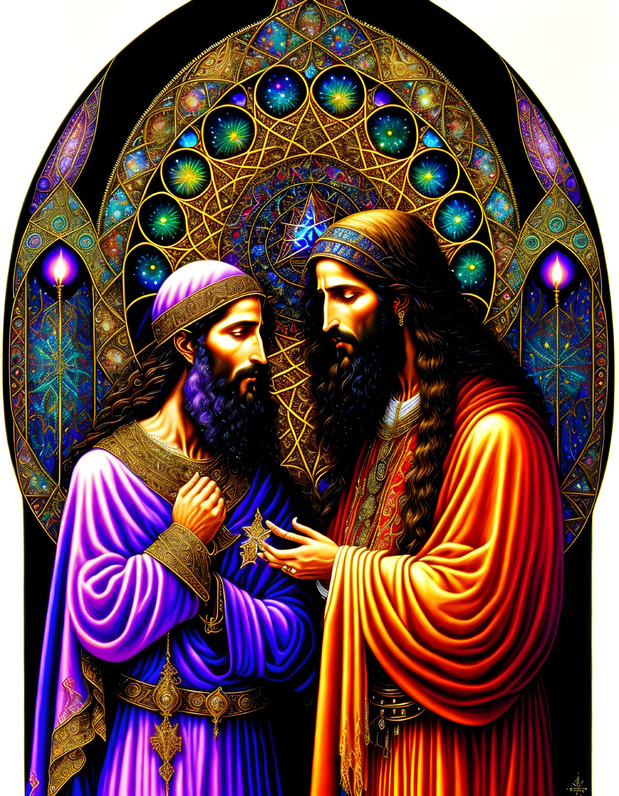 Illustration of Two Robed Figures with Golden Patterns