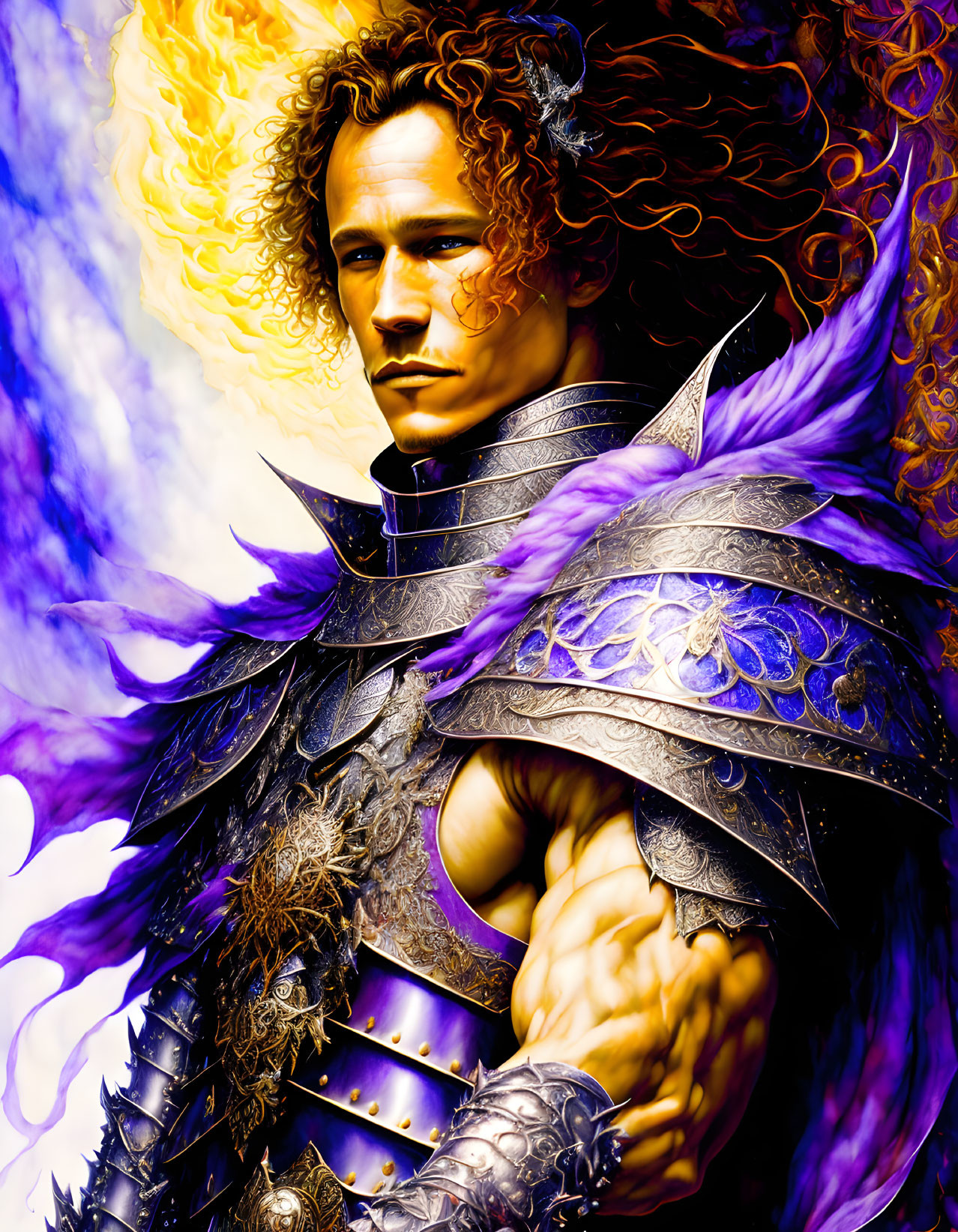 Fantasy warrior with curly hair in purple armor on fiery background