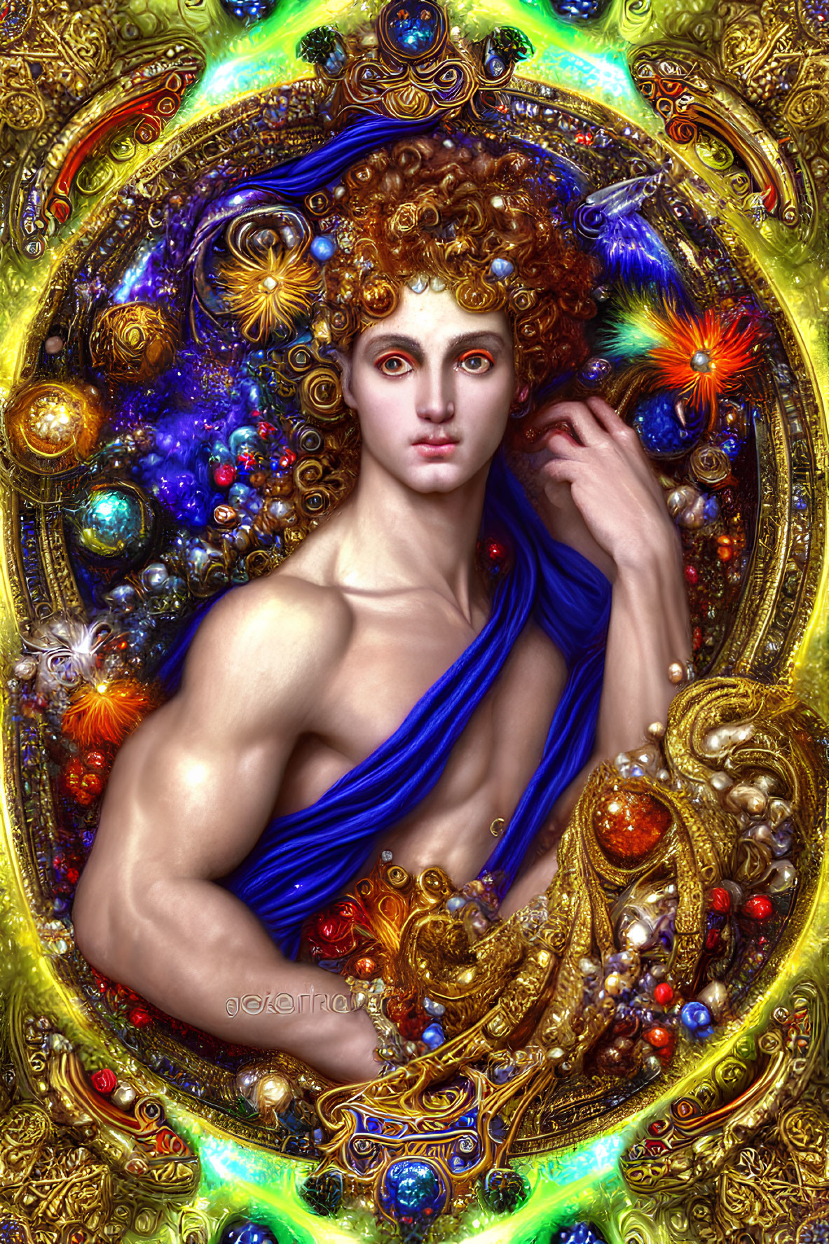 Colorful artwork featuring person with curly hair in blue cloth with cosmic elements