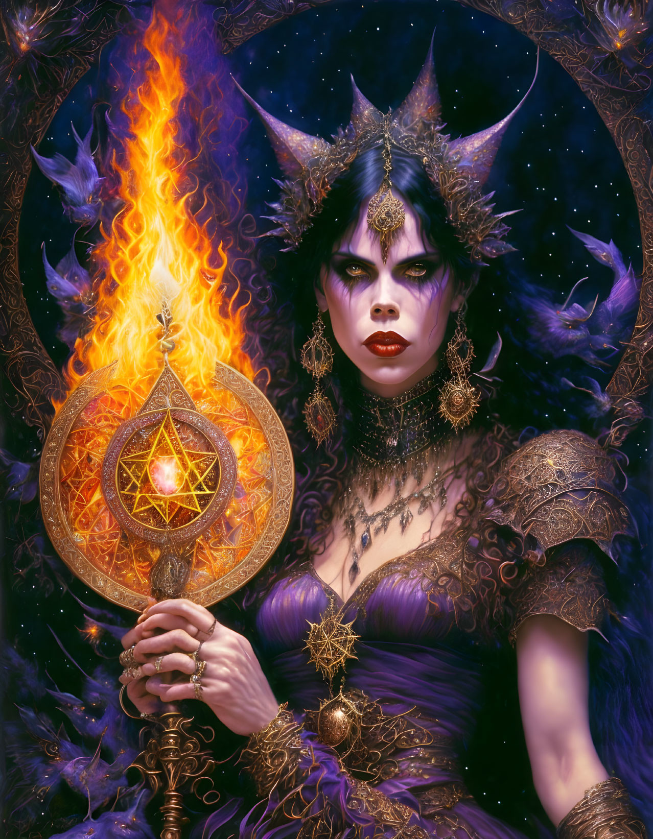 Fantasy queen illustration with dark hair and flaming scepter