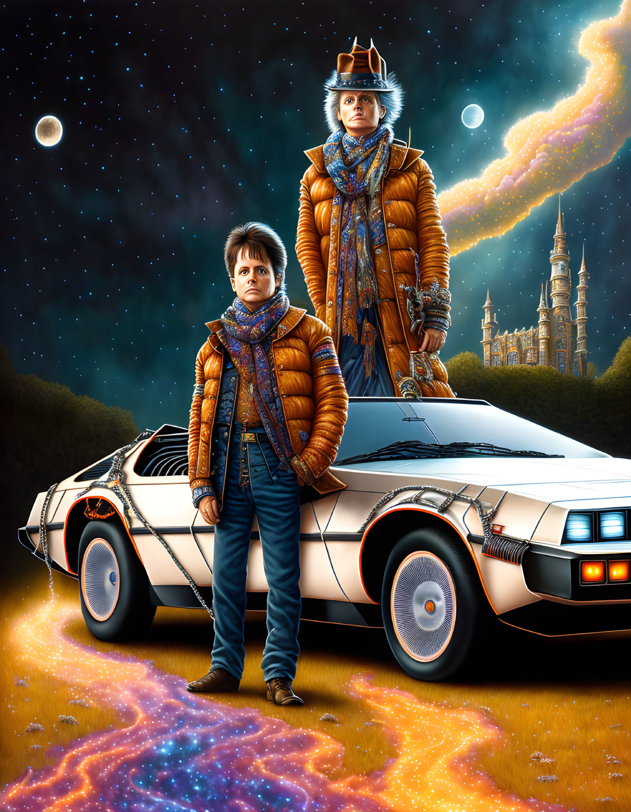 Woman and boy with DeLorean car under two moons and galaxy swirl.