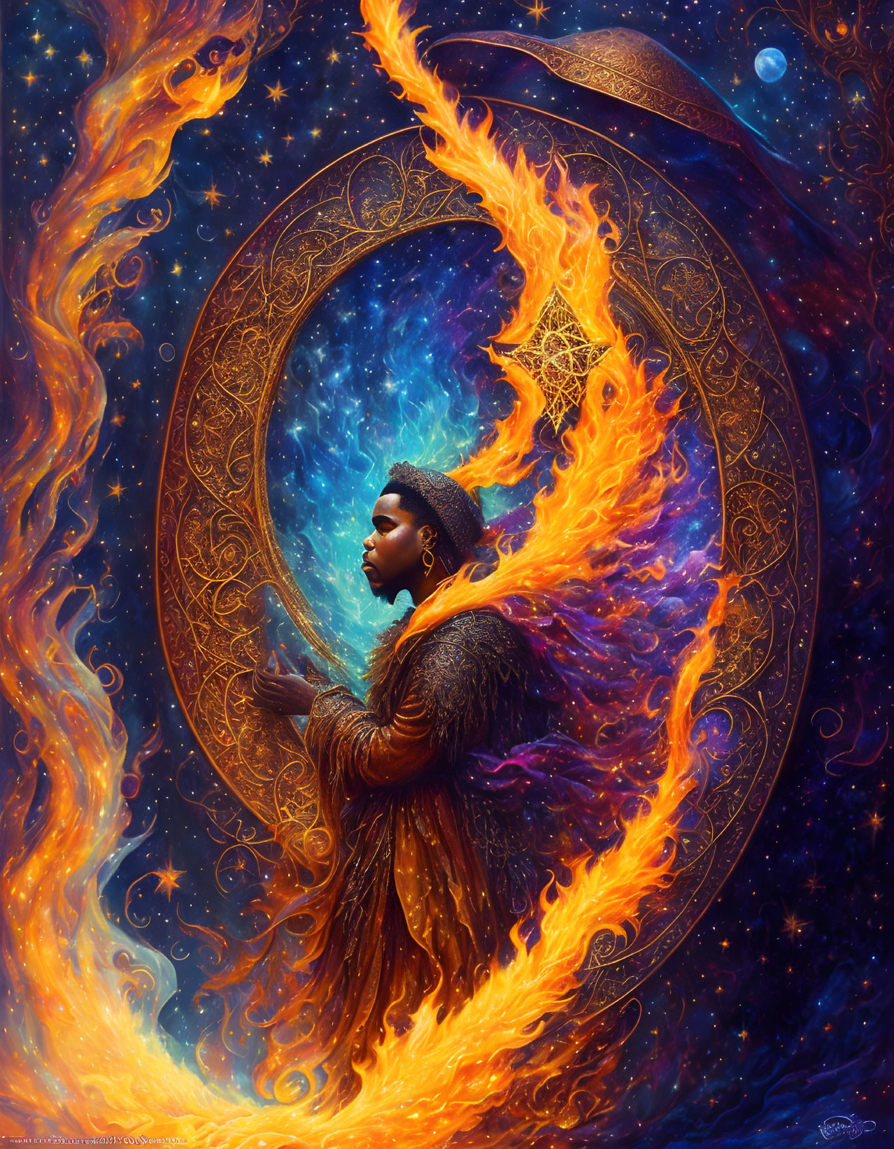 Profile of a woman holding a flame in cosmic oval frame, with fiery phoenix, starry space background