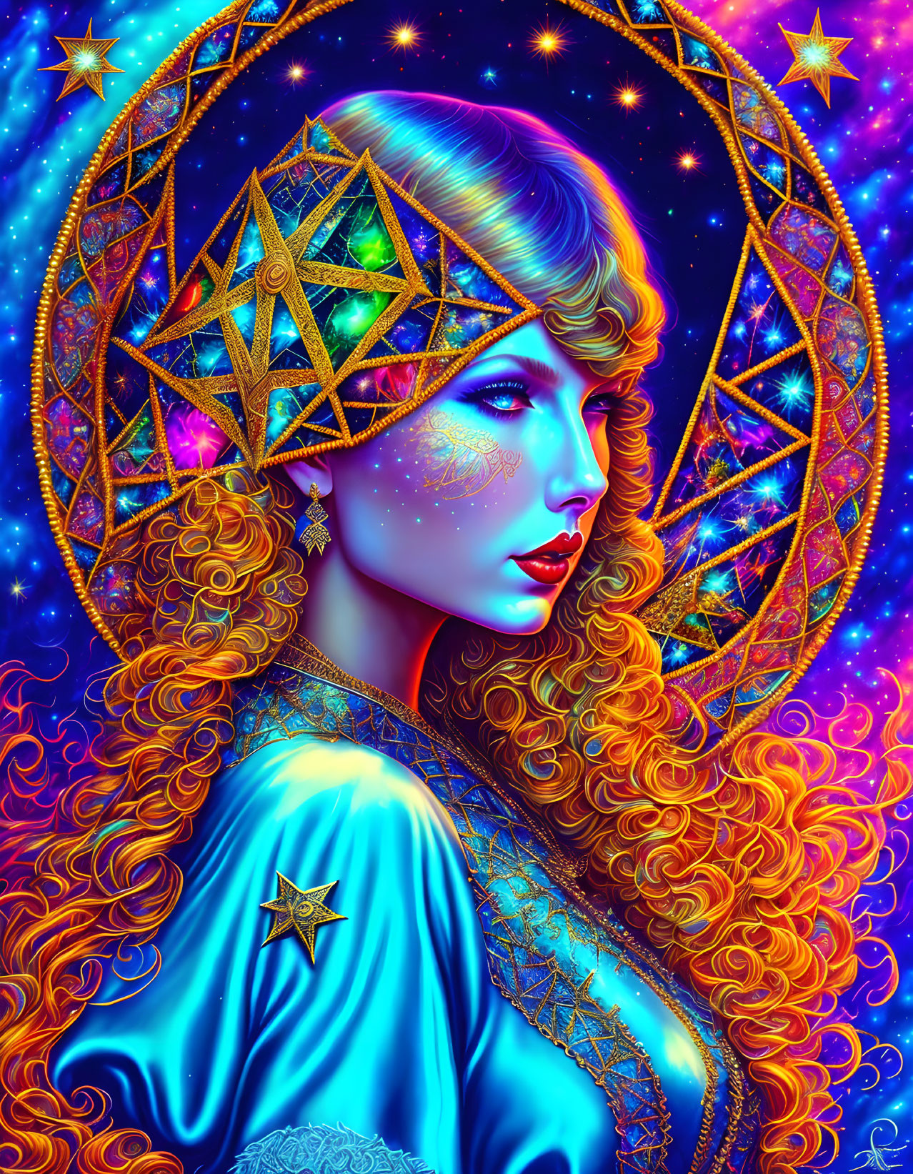 Colorful digital portrait of a woman with golden locks and cosmic makeup