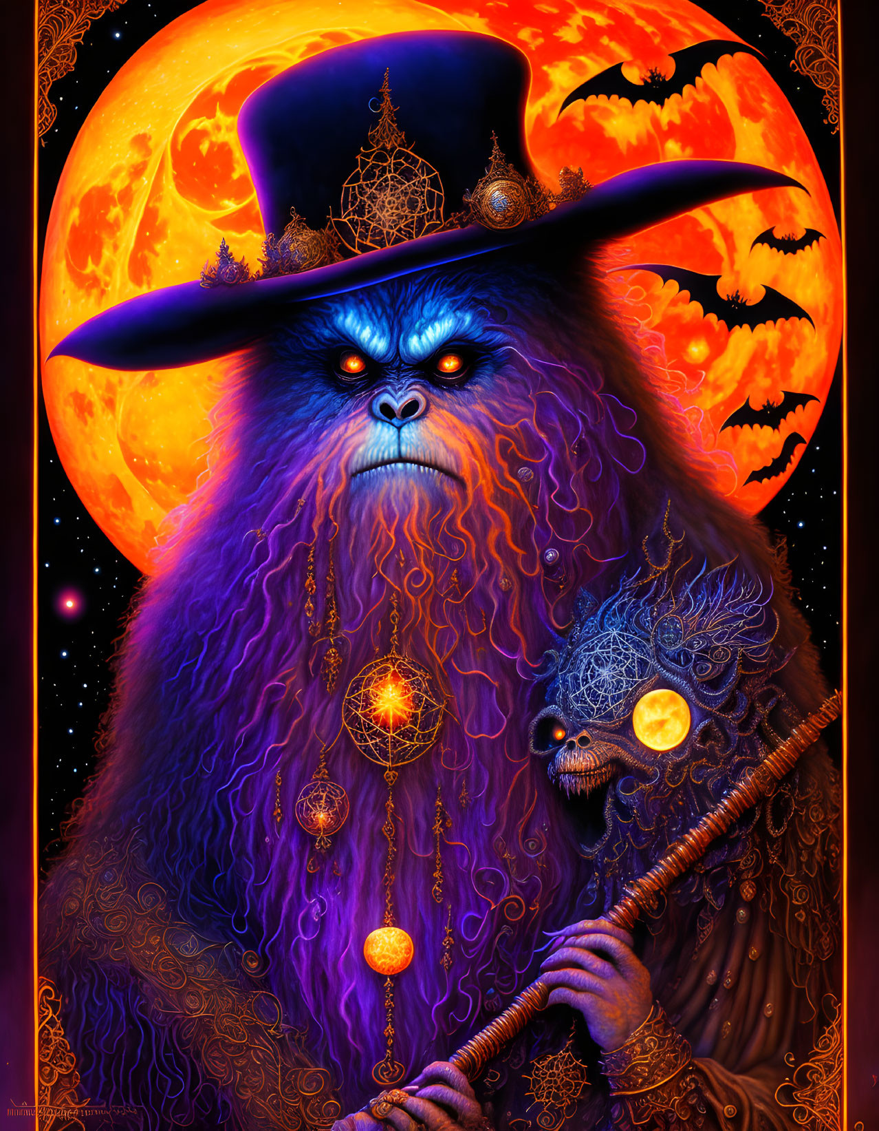 Mystical blue-furred creature with witch's hat under orange moon surrounded by bats, spiderweb