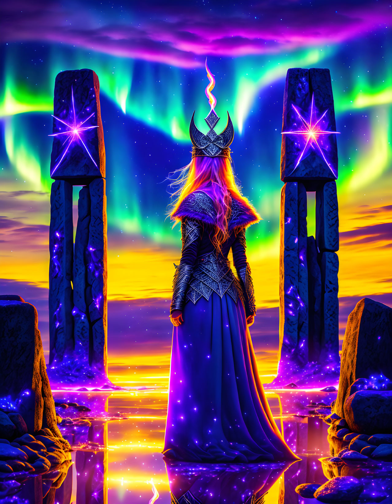 Mystical figure in horned helmet gazes at aurora over monoliths