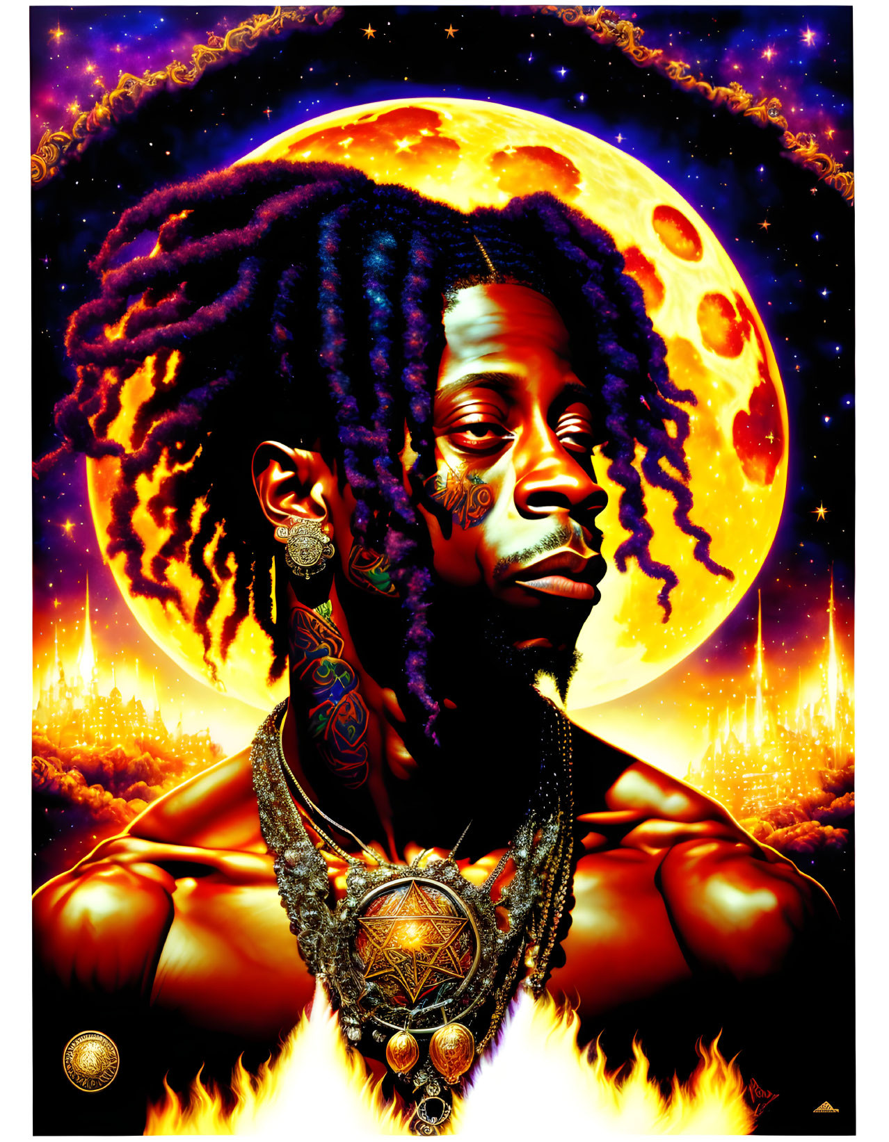 Portrait of a Man with Dreadlocks and Cosmic Background