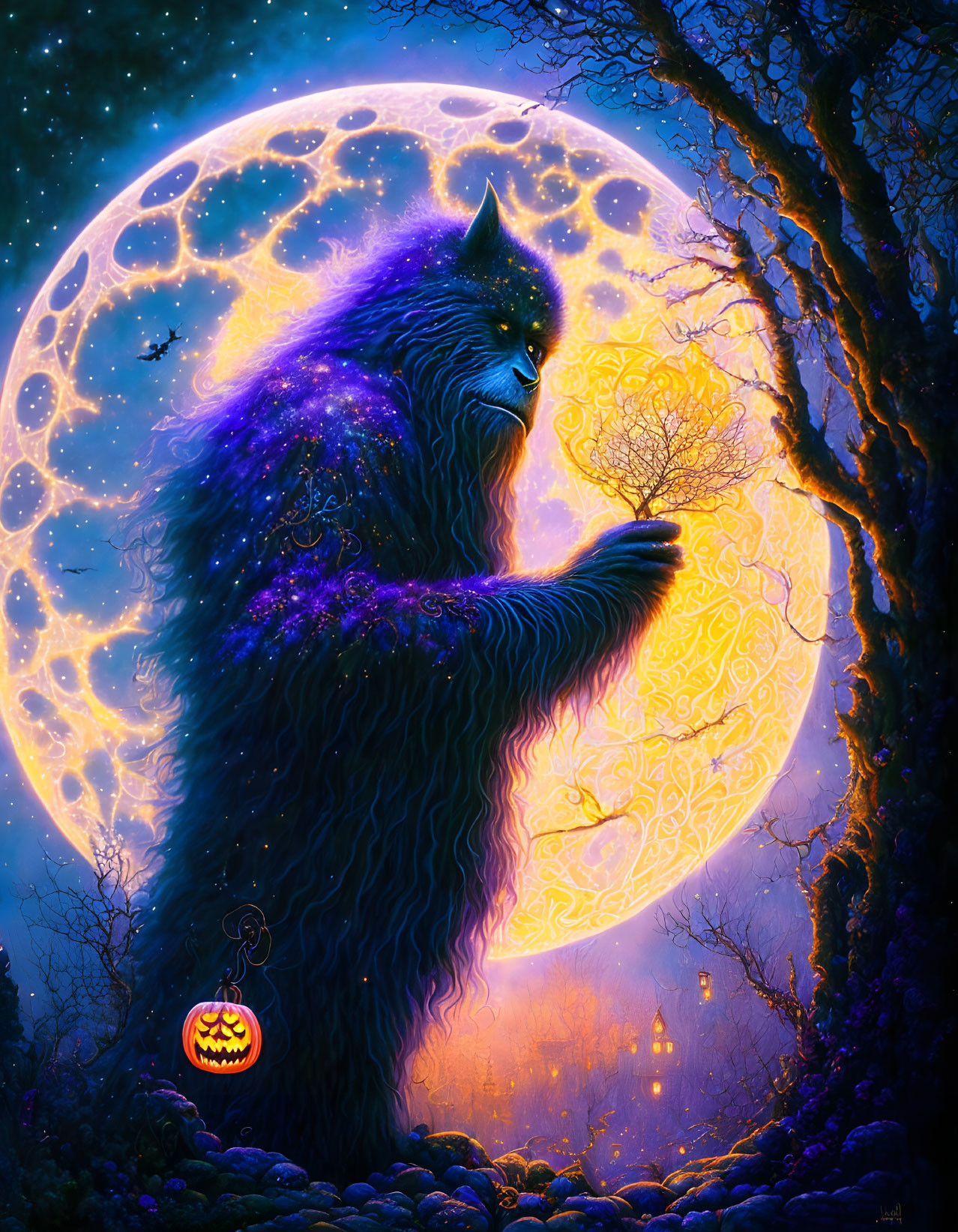 Mystical werewolf-like creature in moonlit forest with full moon and bats