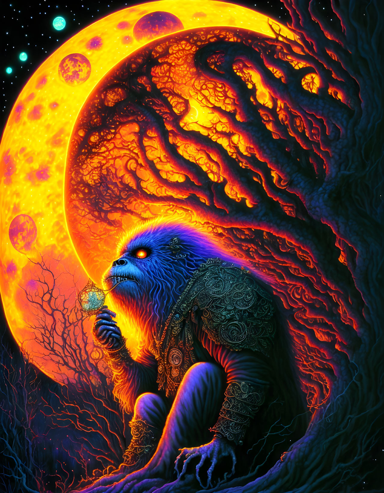 Blue ape-like creature gazes at diamond under orange tree with celestial background