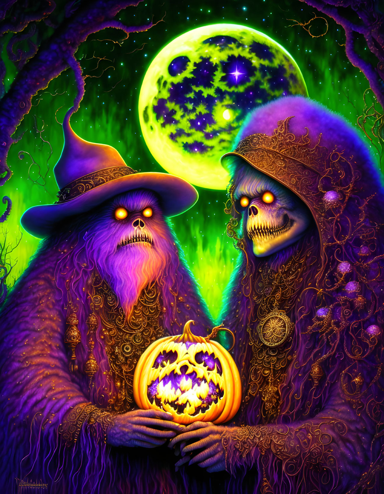 Mystical skull-faced beings with pumpkin under starry sky