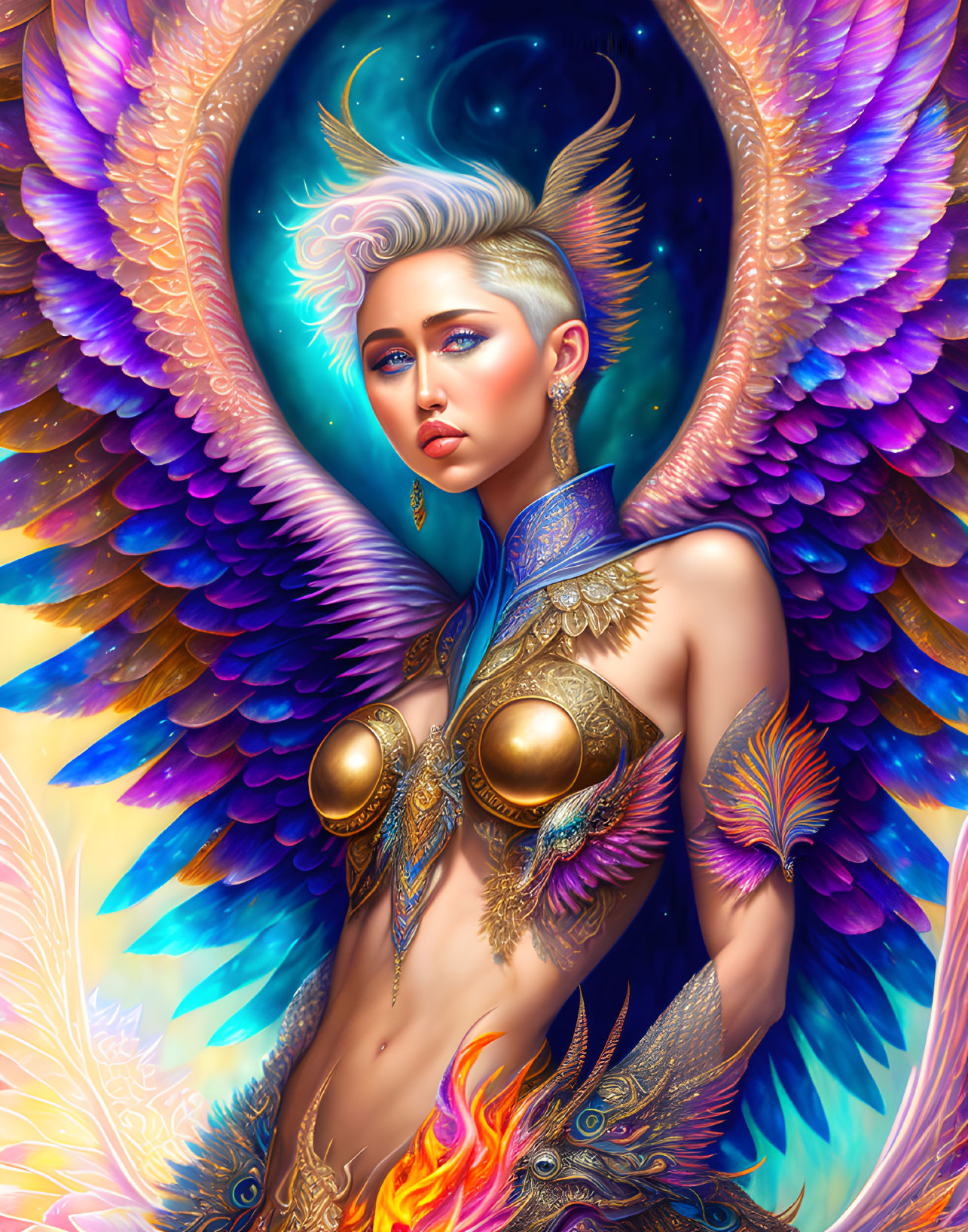 Person with Short Hair and Cosmic Wings in Cosmic Background