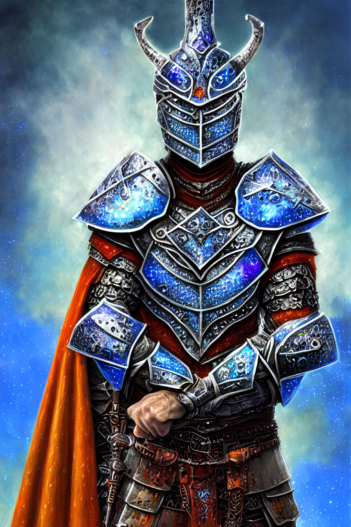 Knight in Blue and Silver Armor with Celestial Motifs and Orange Cape in Cosmic Setting