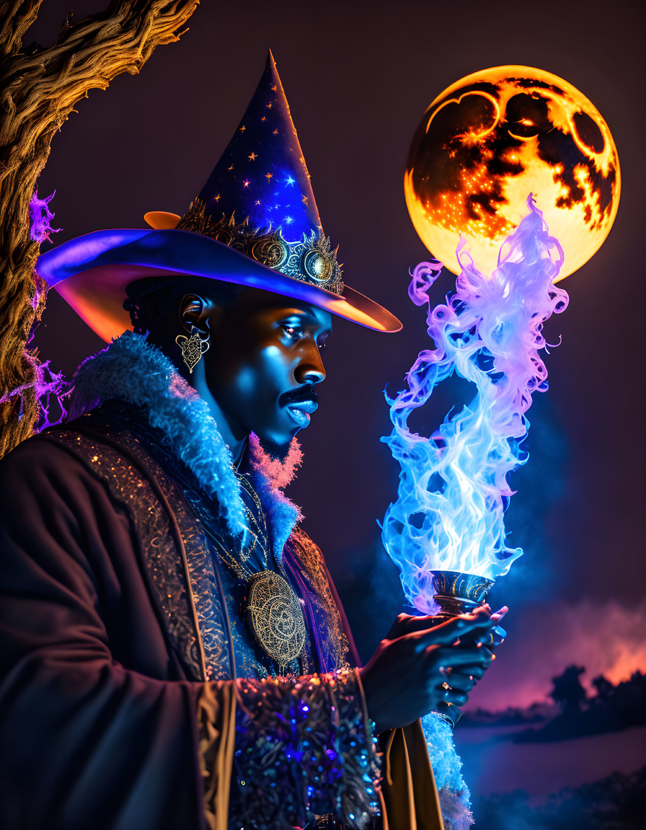 Mystical wizard in moonlit setting with glowing staff