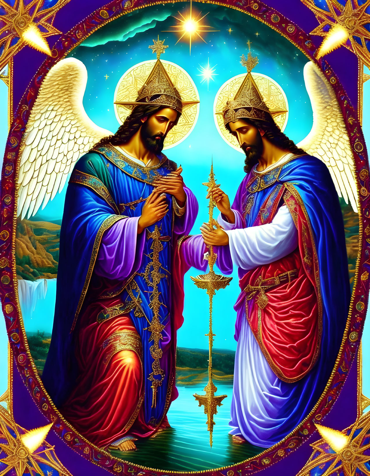 Regal figures with halos and wings in blue and red robes against celestial backdrop