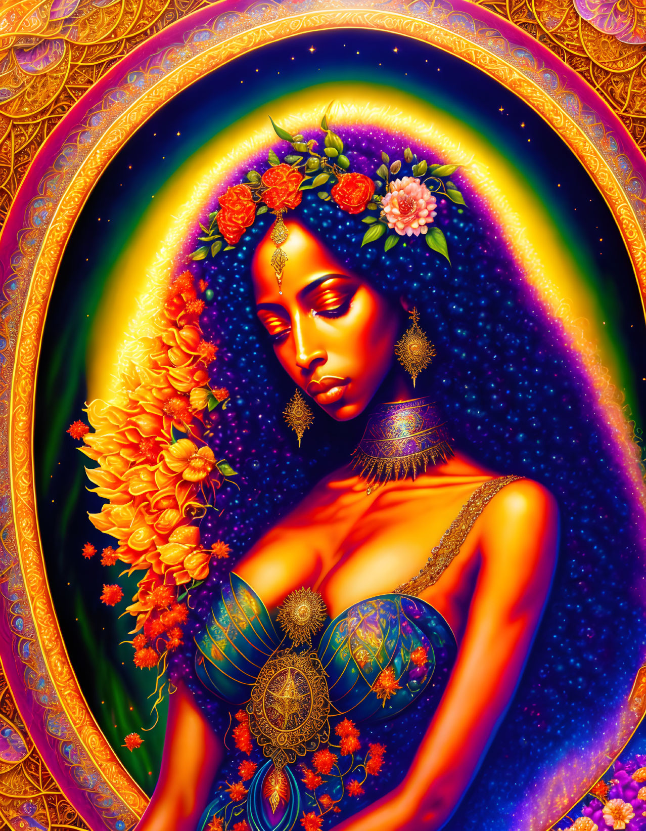 Vibrant portrait of a woman with floral hair in cosmic setting