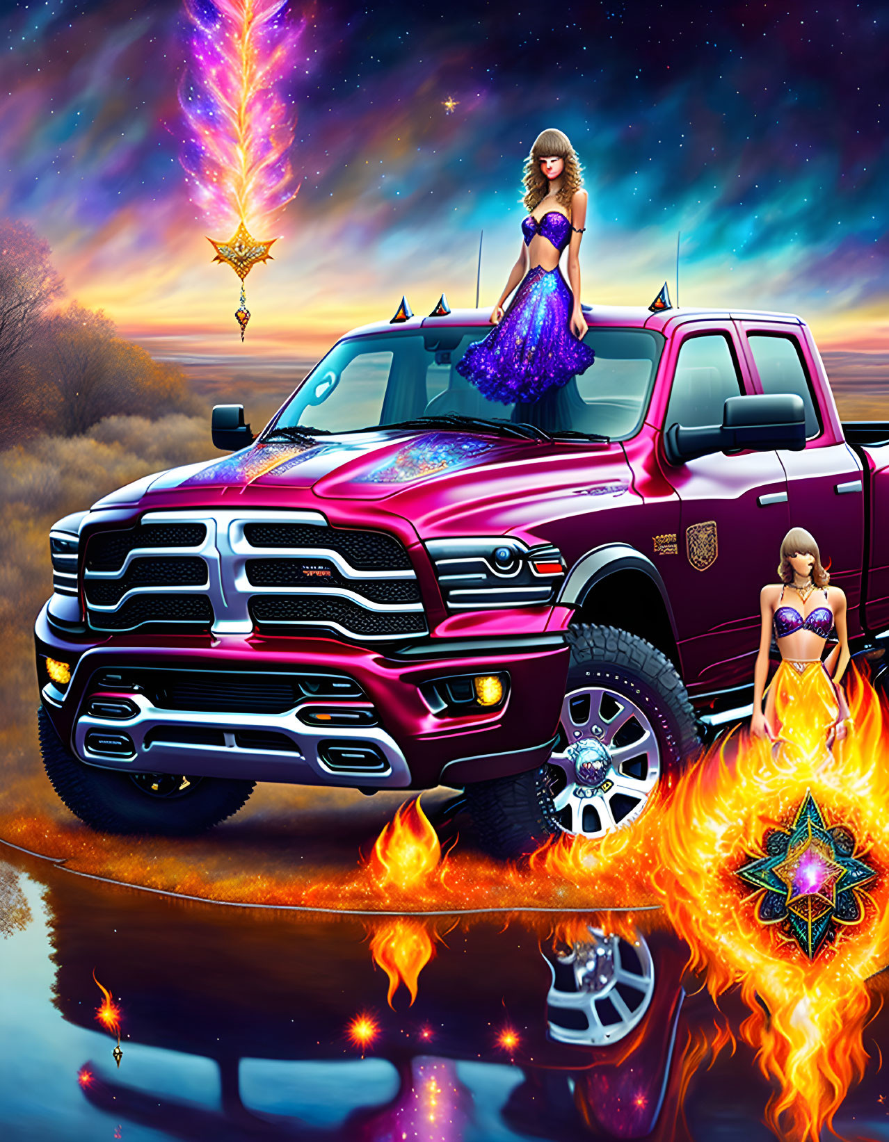 Fantasy scene: Two women in elegant dresses by purple truck amidst flames, stars, cosmic sky.