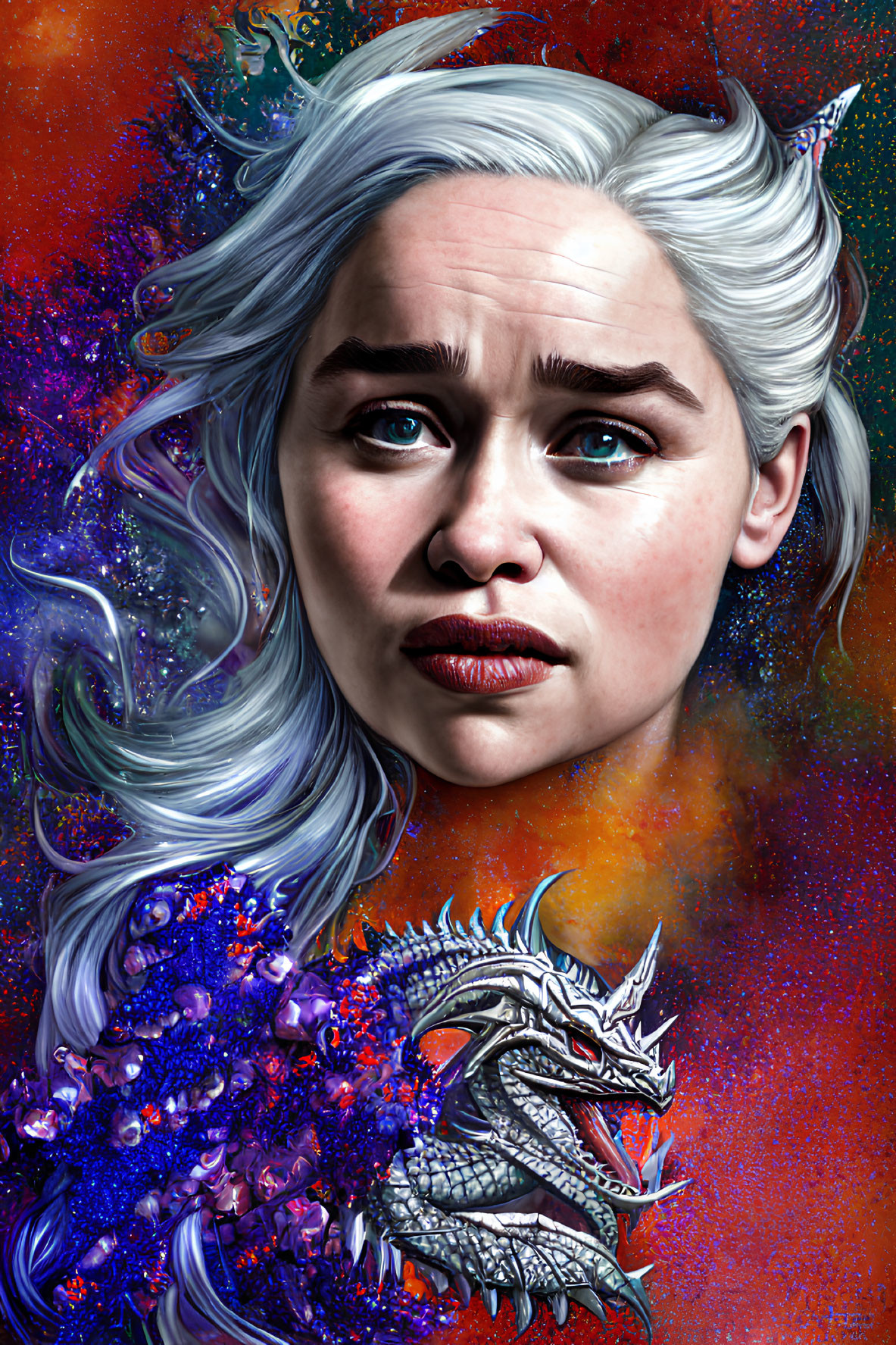 Silver-haired woman and silver dragon in cosmic scene