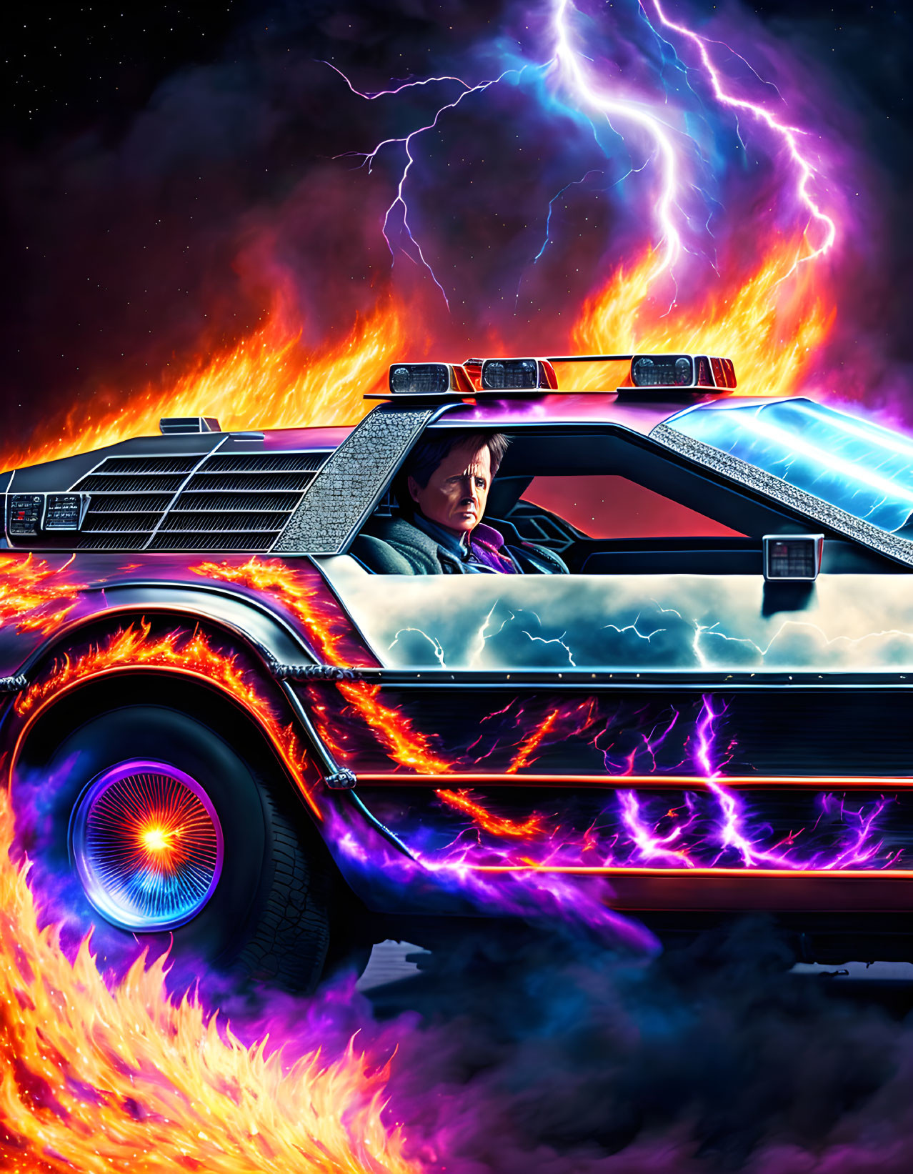 Person driving futuristic DeLorean car in flames and lightning, cosmic storm background