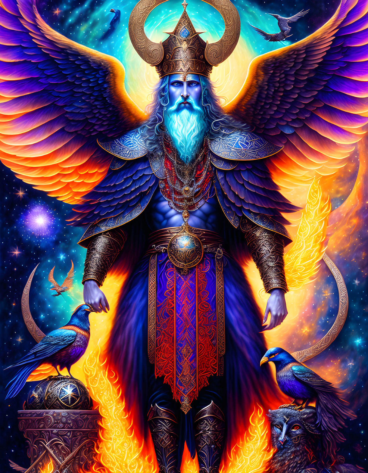 Colorful Norse-inspired winged figure amidst flames and celestial motifs