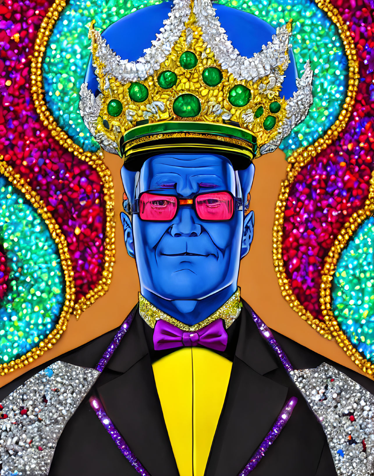 Colorful illustration of blue-faced character in crown and suit against glittery backdrop