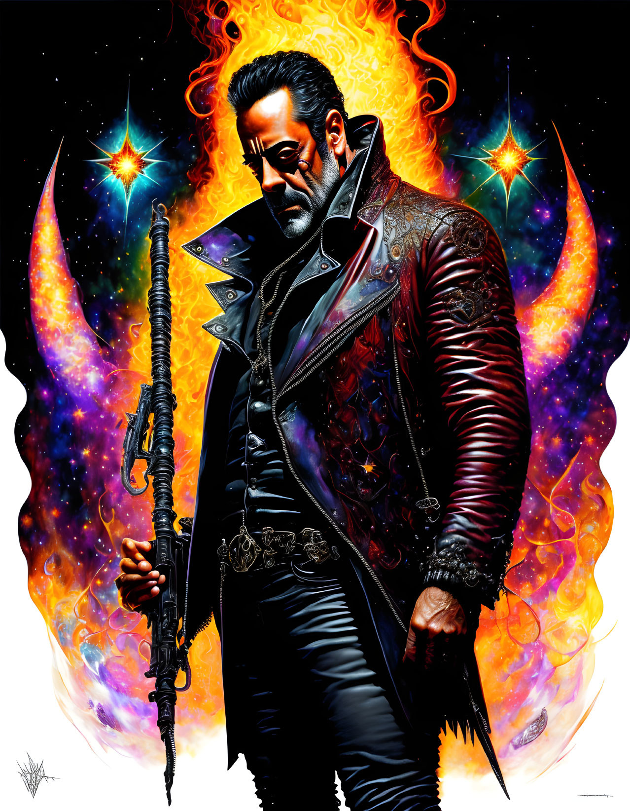 Intense illustration of man in leather jacket with gun in fiery cosmic setting